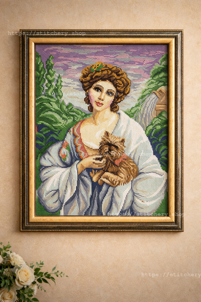 DIY Cross Stitch Kit with Printed canvas "Lady with a dog, F. Marten-Kavel"