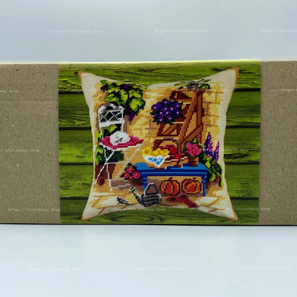 Needlepoint Pillow Kit "Watering Can at Backyard"