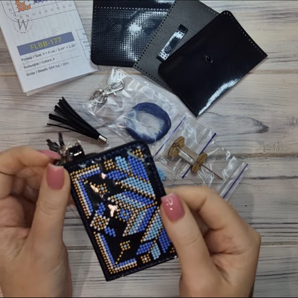 Bead Embroidery Charm Kit on Faux Leather – «Blue Wallet»
