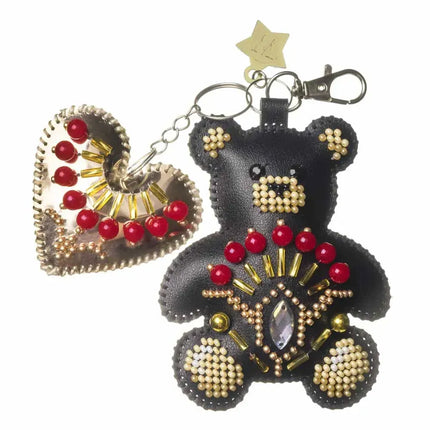 Bead Embroidery Charm Kit on Faux Leather – «Bag Charm Black Teddy Bear»