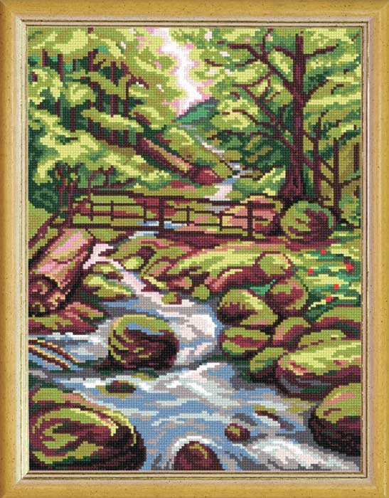 DIY Cross Stitch Kit with Printed canvas "Landscape Forest Stream"