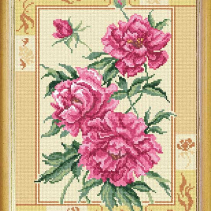 DIY Cross Stitch Kit with Printed canvas "Peonies"