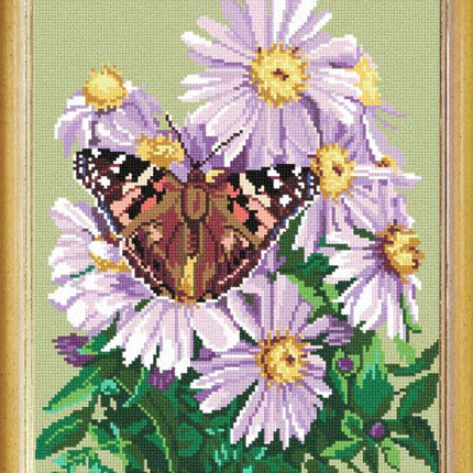 DIY Cross Stitch Kit with Printed canvas "Butterfly on Echinacea flowers"