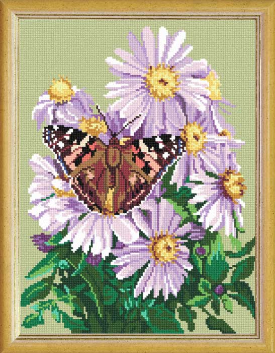 DIY Cross Stitch Kit with Printed canvas "Butterfly on Echinacea flowers"