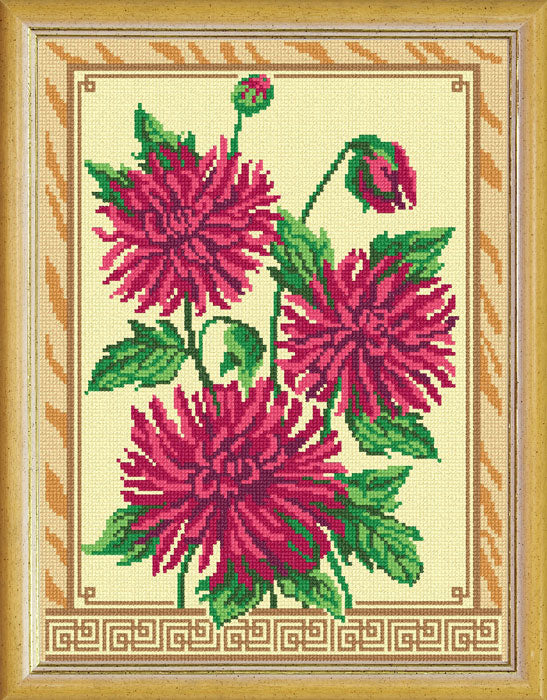 DIY Cross Stitch Kit with Printed canvas "Dahlias"