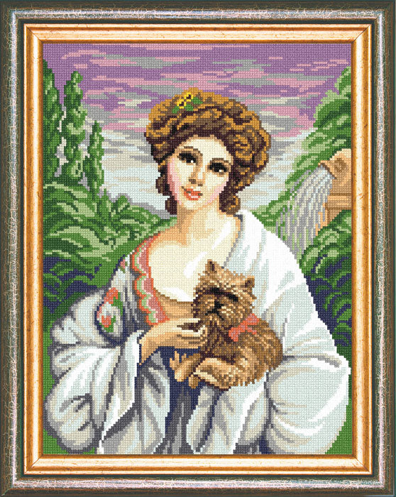 DIY Cross Stitch Kit with Printed canvas "Lady with a dog, F. Marten-Kavel"
