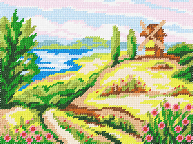 DIY Needlepoint Kit "Landscape "Mill in the field"" 10.6"x14.2"