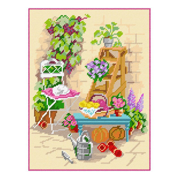 DIY Needlepoint Kit "Watering can in the backyard" 14.2"x18.5"