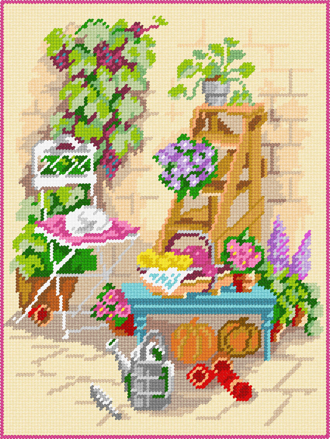 DIY Needlepoint Kit "Watering can in the backyard" 14.2"x18.5"