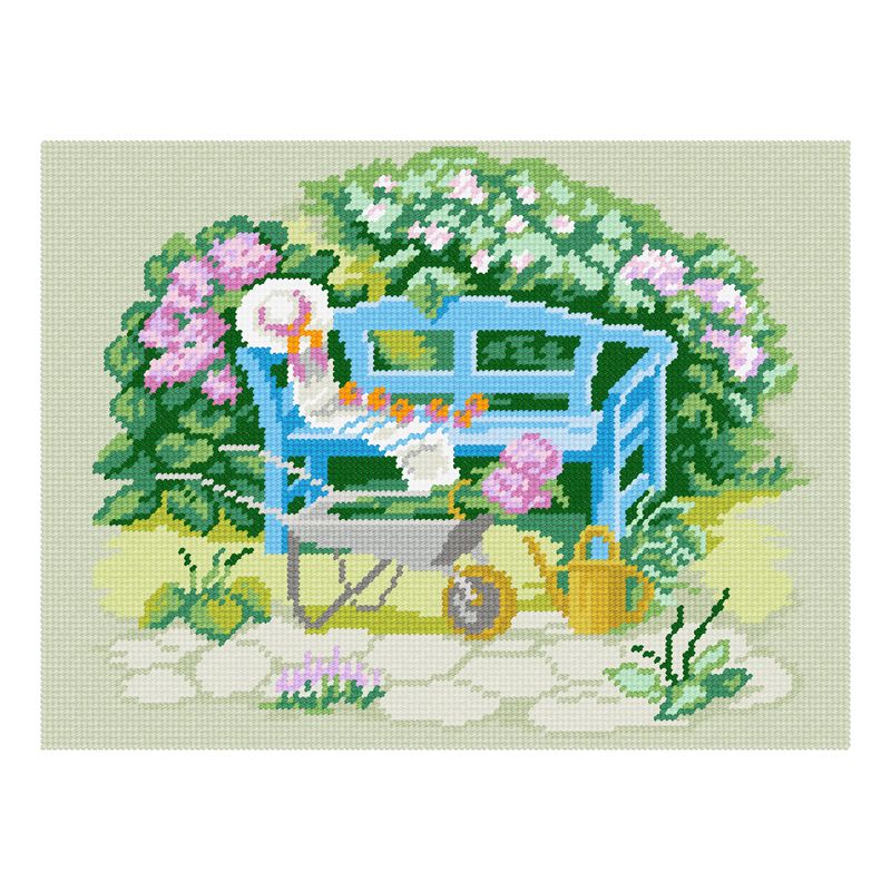DIY Needlepoint Kit "A wheelbarrow in the backyard" 14.2"x18.5"