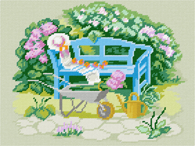 DIY Needlepoint Kit "A wheelbarrow in the backyard" 14.2"x18.5"