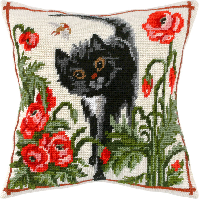 Needlepoint Pillow Kit "A Cat in Poppies"