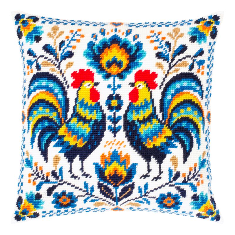 Needlepoint Pillow Kit "Colorful Roosters"