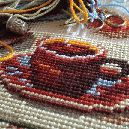 Needlepoint Pillow Kit "Coffee and a Tangerine Cake"