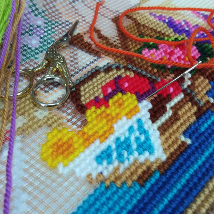Needlepoint Pillow Kit "Watering Can at Backyard"