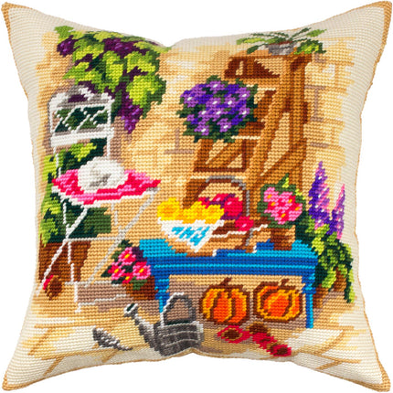 Needlepoint Pillow Kit "Watering Can at Backyard"