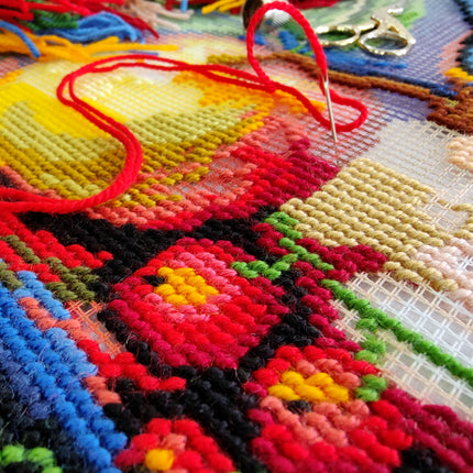 Needlepoint Pillow Kit "Red-flanked bluetail and apples"