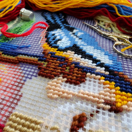 Needlepoint Pillow Kit "Red-flanked bluetail and apples"