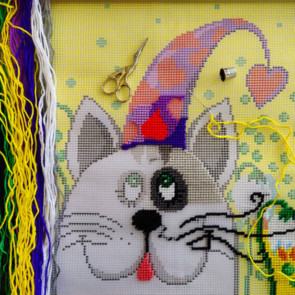 Needlepoint Pillow Kit "Cat in a Cone Hat"