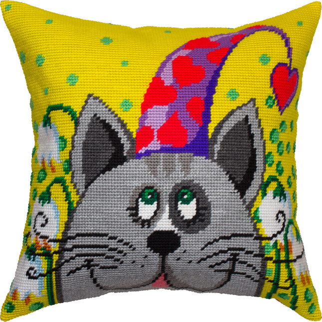 Needlepoint Pillow Kit "Cat in a Cone Hat"