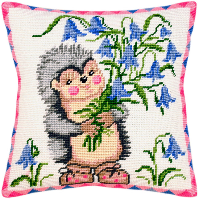 Needlepoint Pillow Kit "Hedgehog with Bellflowers"