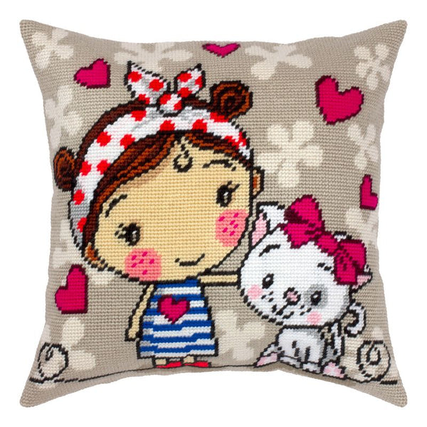 Needlepoint Pillow Kit "A Girl and a Kitten"