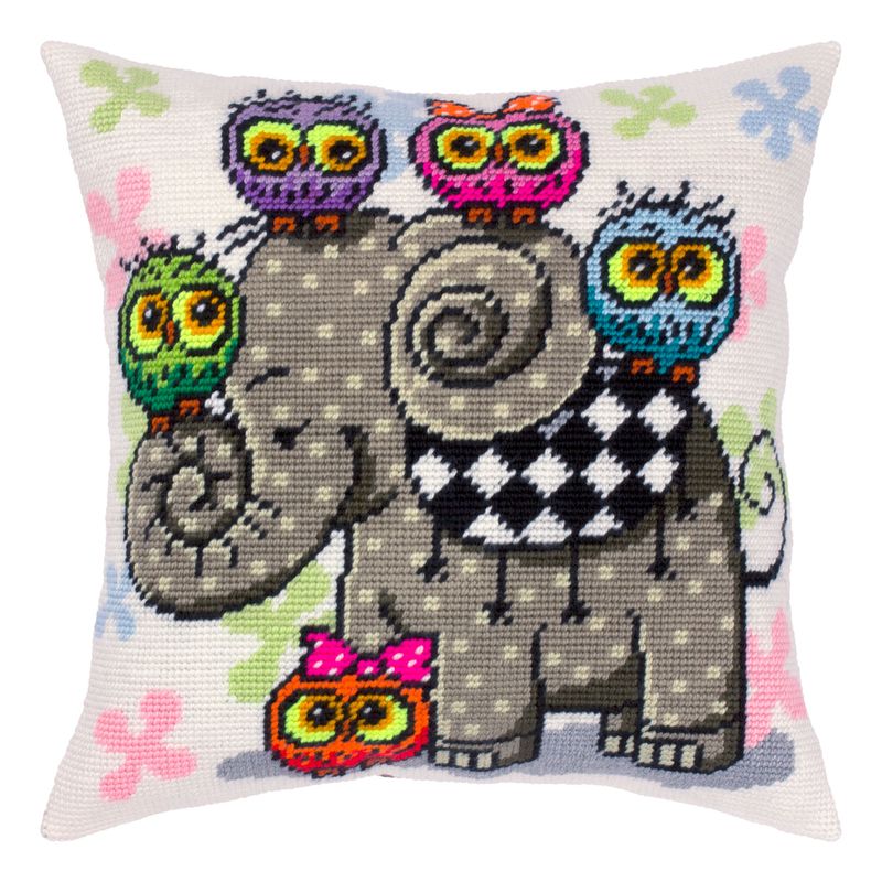 Needlepoint Pillow Kit "Elephant and Owls"