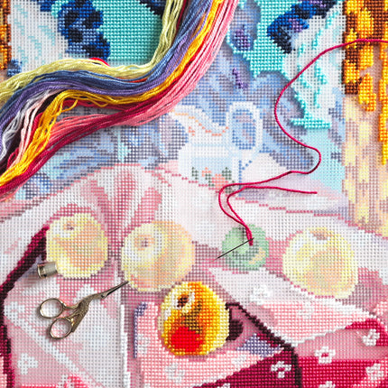 Needlepoint Pillow Kit "Still Life with Apples on Pink Cloth"