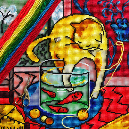 Needlepoint Pillow Kit "Cat with Fish"