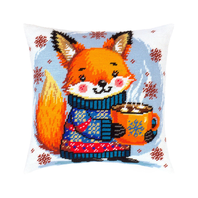 Needlepoint Pillow Kit "Warm cocoa for the fox cub"