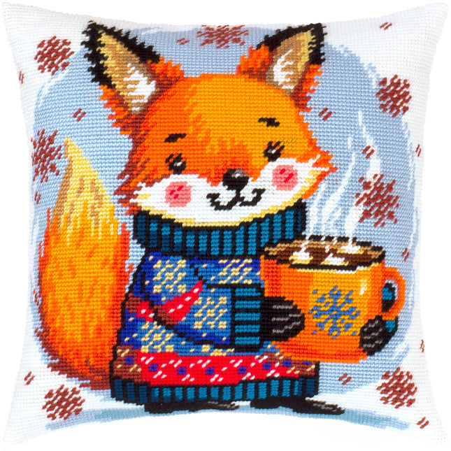 Needlepoint Pillow Kit "Warm cocoa for the fox cub"