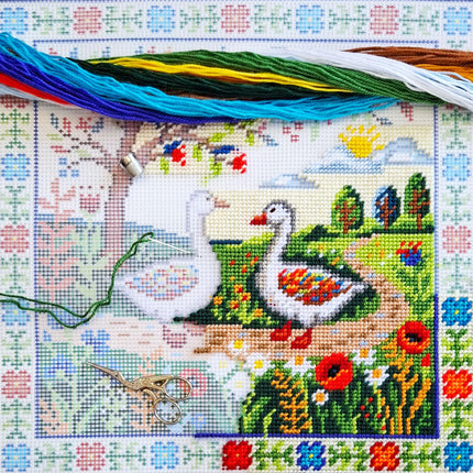 Needlepoint Pillow Kit "Geese Among the Flowers"
