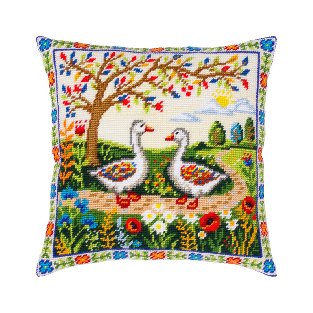 Needlepoint Pillow Kit "Geese Among the Flowers"