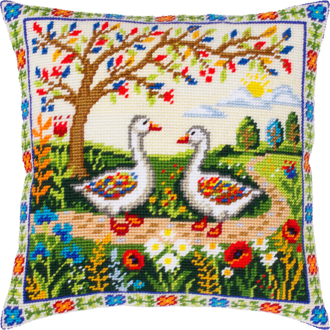 Needlepoint Pillow Kit "Geese Among the Flowers"