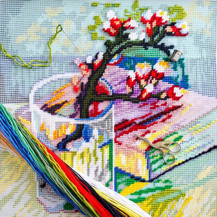 Needlepoint Pillow Kit "Blooming Almond Branch in a Glass with a Book"