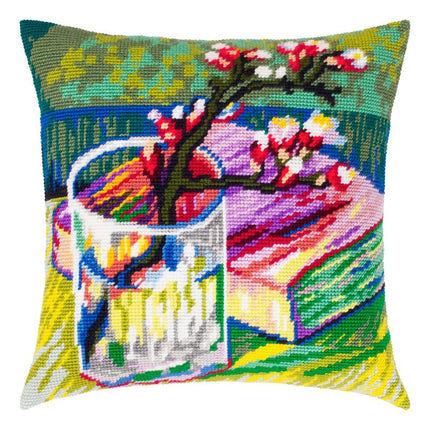 Needlepoint Pillow Kit "Blooming Almond Branch in a Glass with a Book"