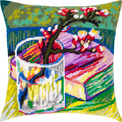 Needlepoint Pillow Kit "Blooming Almond Branch in a Glass with a Book"