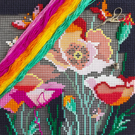 Cross Stitch Pillow Kit "Poppies with butterflies"