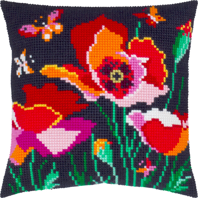 Cross Stitch Pillow Kit "Poppies with butterflies"