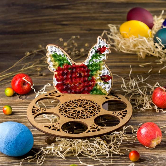DIY Bead Embroidery Kit on Wood "Chicken with roses"