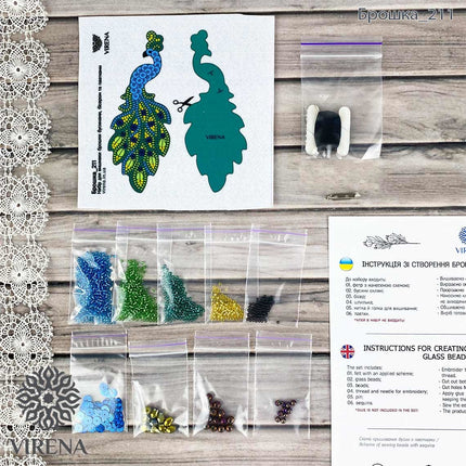 Beadwork kit for creating broоch "Peacock"