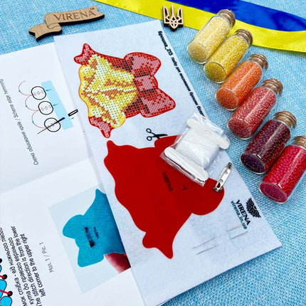 Beadwork kit for creating broоch "Bells with Red Ribbon"