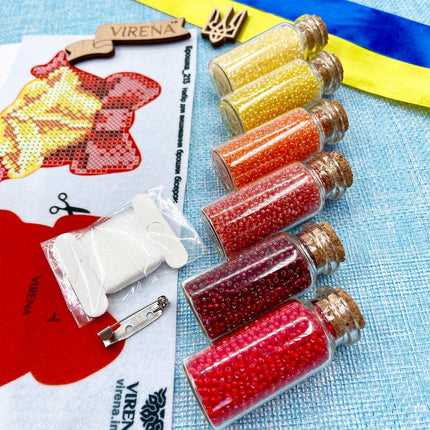 Beadwork kit for creating broоch "Bells with Red Ribbon"