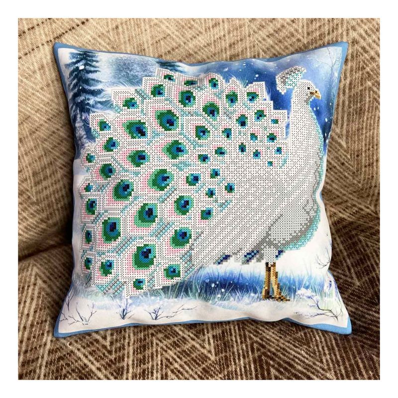 DIY Bead embroidery cushion cover kit "Winter peacock"