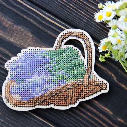 DIY Cross stitch kit on wood "Lavender" 3.9x3.1 in / 10.0x8.0 cm