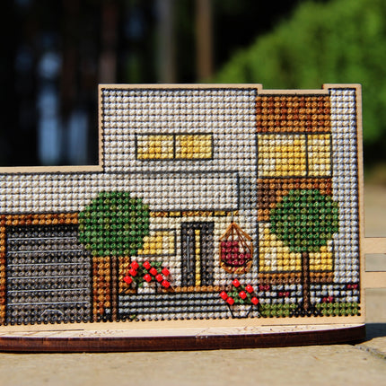 DIY Cross stitch kit on wood "Cottage" 4.7x3.0 in / 12.0x7.5 cm