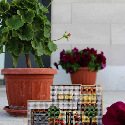 DIY Cross stitch kit on wood "Cottage" 4.7x3.0 in / 12.0x7.5 cm