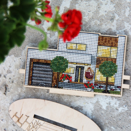 DIY Cross stitch kit on wood "Cottage" 4.7x3.0 in / 12.0x7.5 cm