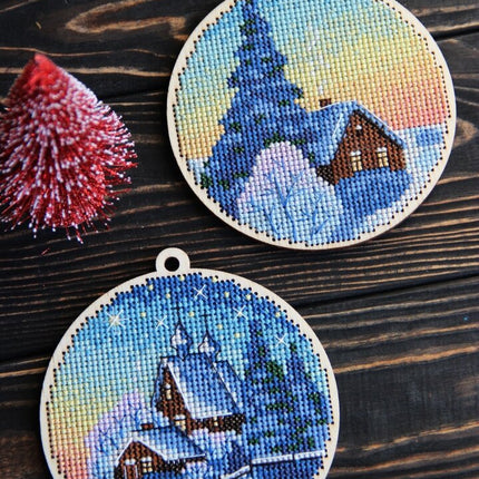 DIY cross stitch kit on wood "Quiet Evening", Christmas tree toy