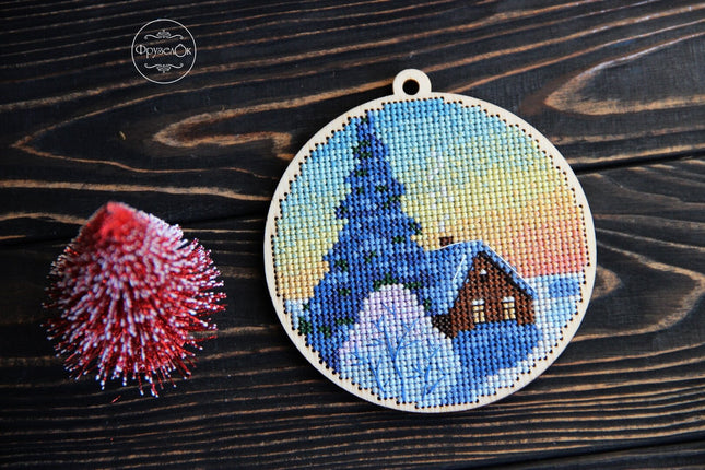 DIY cross stitch kit on wood "Quiet Evening", Christmas tree toy